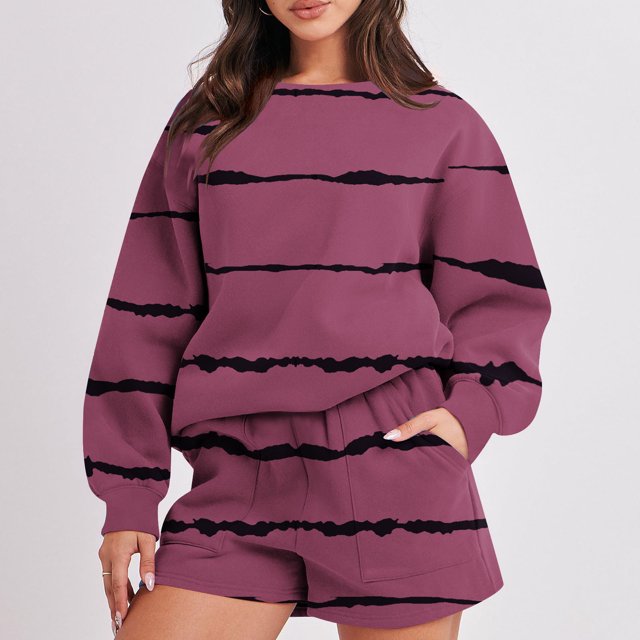 Puntoco moda mujer cuello redondo estampado Blusa de manga larga + bolsillos sueltos pantalones bolsillos Bandgae conjuntos liquidación Puntoco Puntoco-1443