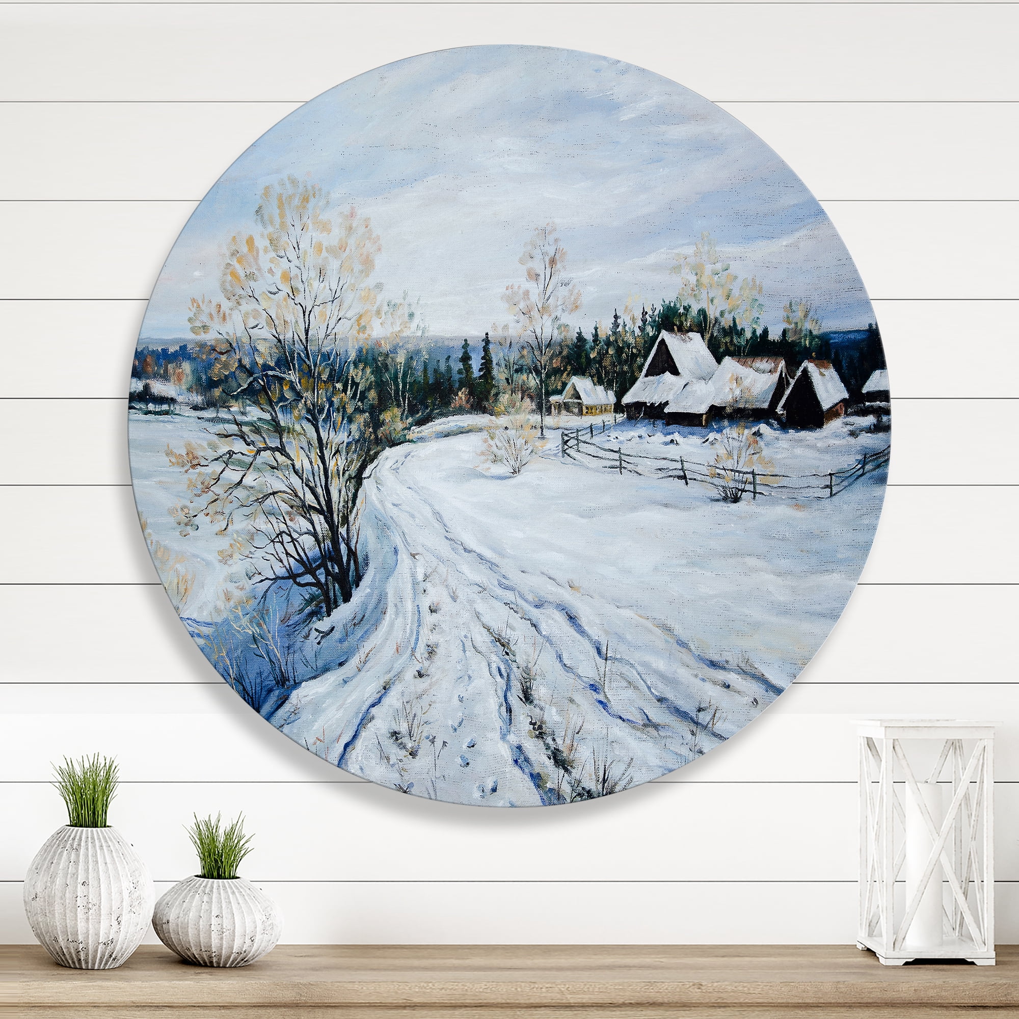 Designart 'Country Road In Winter Times Landscape II' Traditional Circle Metal Wall Art 23x23 - Disc of 23