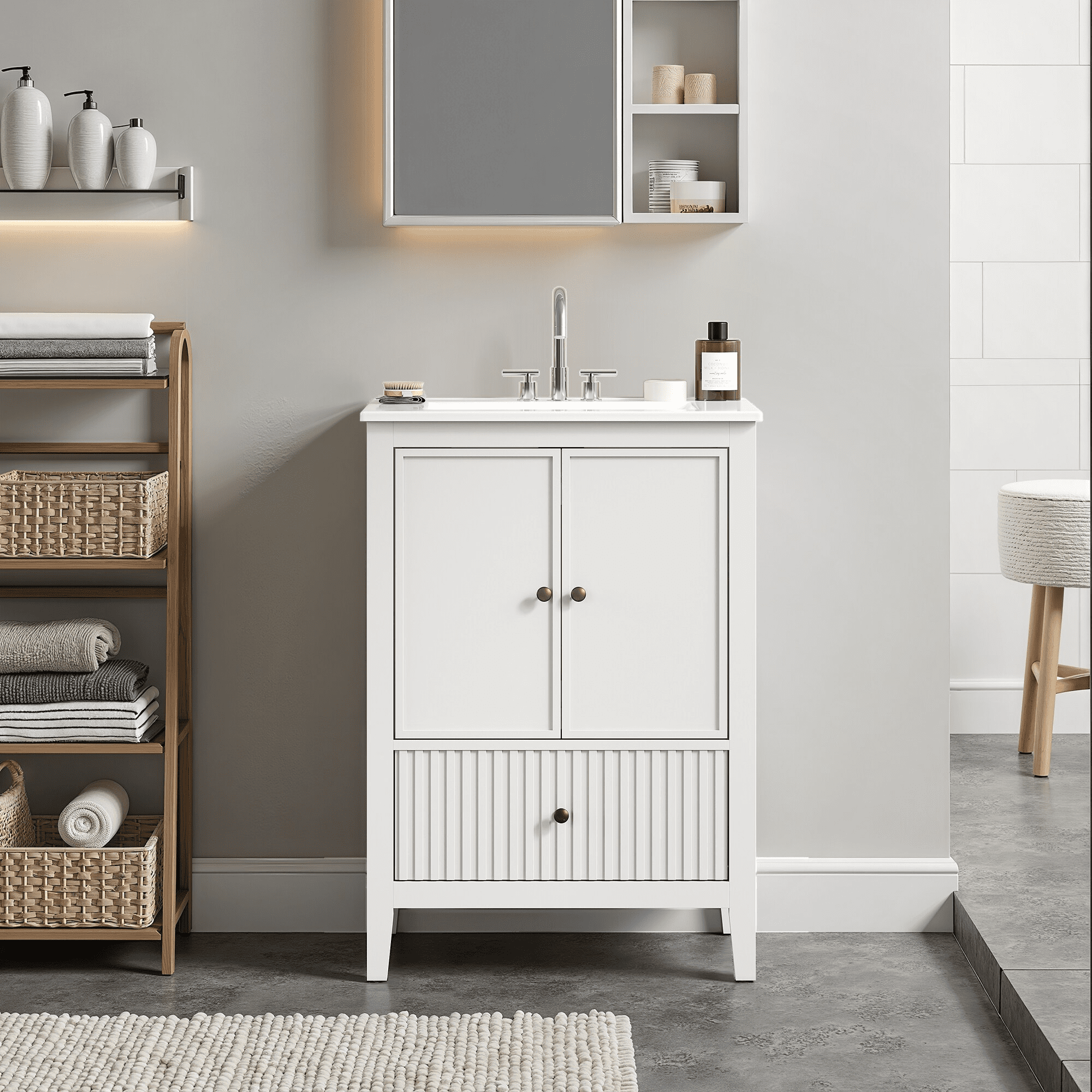 Mintazer 24 Inch Fluted Bathroom Vanity Cabinet with Ceramic Sink, Modern Farmhouse Single Sink Bath Vanity with Storage Cabinet & Drawer, White
