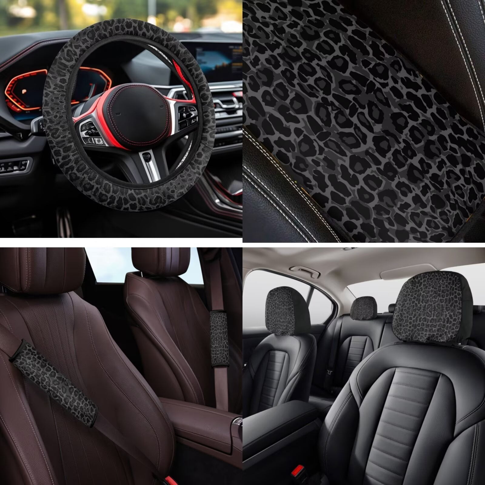 Uorisanigo Car Seat Covers Set of 14, Includes Gray Cheetah Leopard Print Steering Wheel Cover Armrest Cushion Protector Seat Belt Covers Universal Car Interior Accessories, Easy to Install