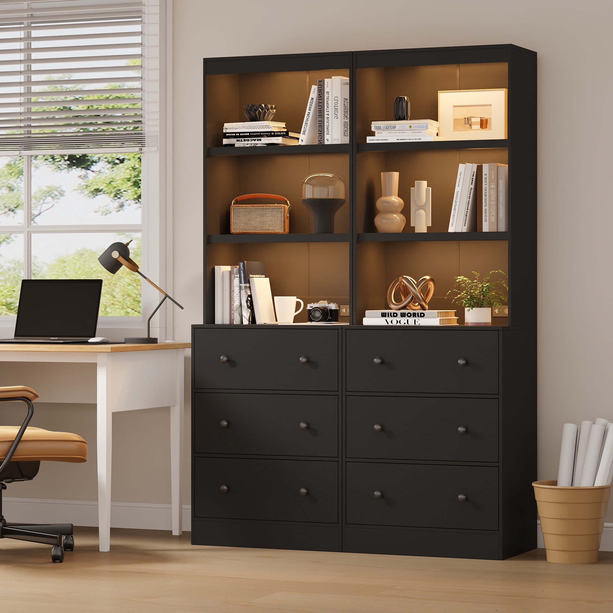 NEGYLIM 2PCS 71" Tall Bookcase with Sensor Lights, Black Bookshelf with Charging Station, Bookshelves with 3 Large Drawers for Living Room Home Office