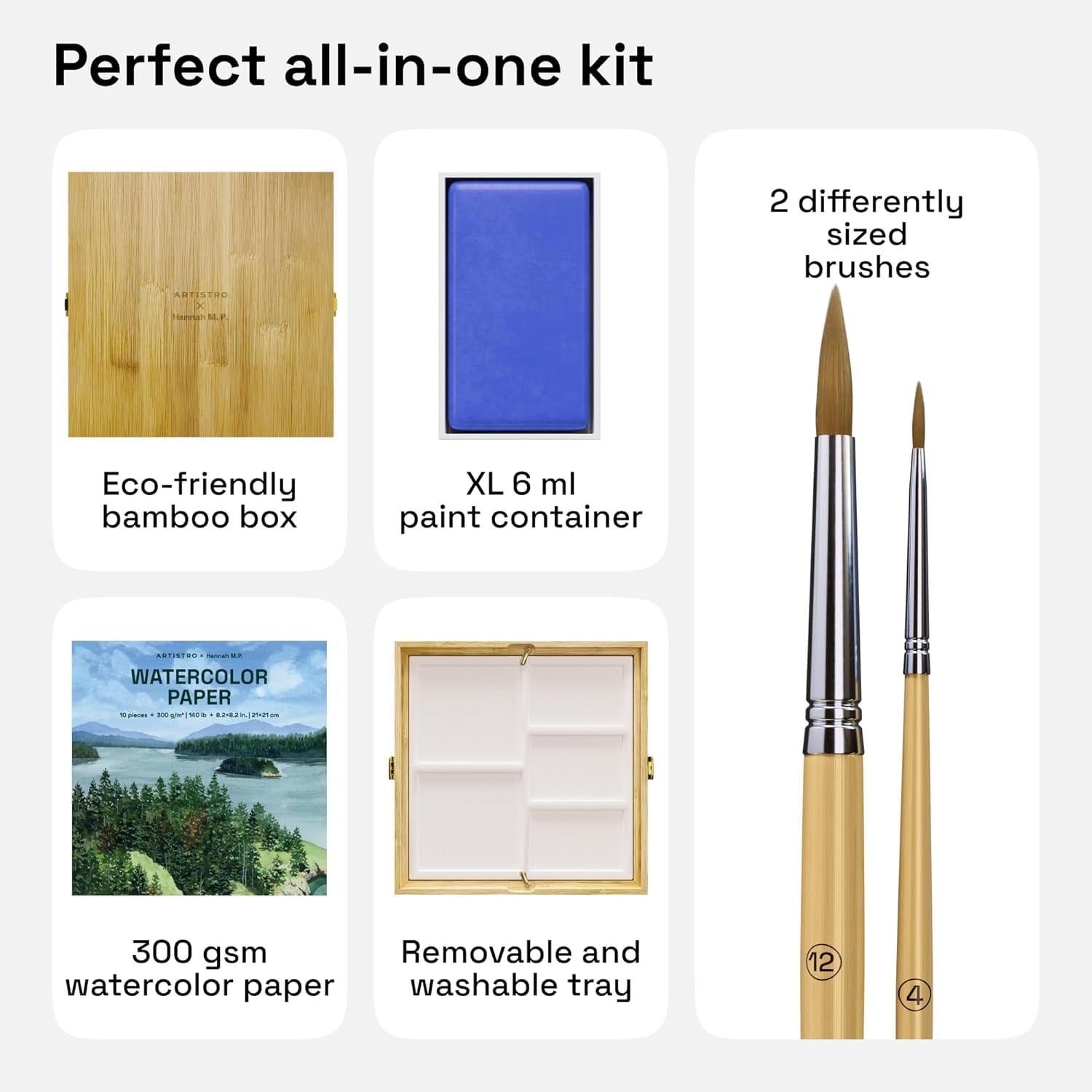 ARTISTRO x HANNAH M.P Professional Watercolor Paint Set Limited Edition with 24 colors in Bamboo Wooden Box (6ml XL Pans) - 2 Brushes, Watercolor Paper, Mixing Tray - Watercolor Set for Professionals