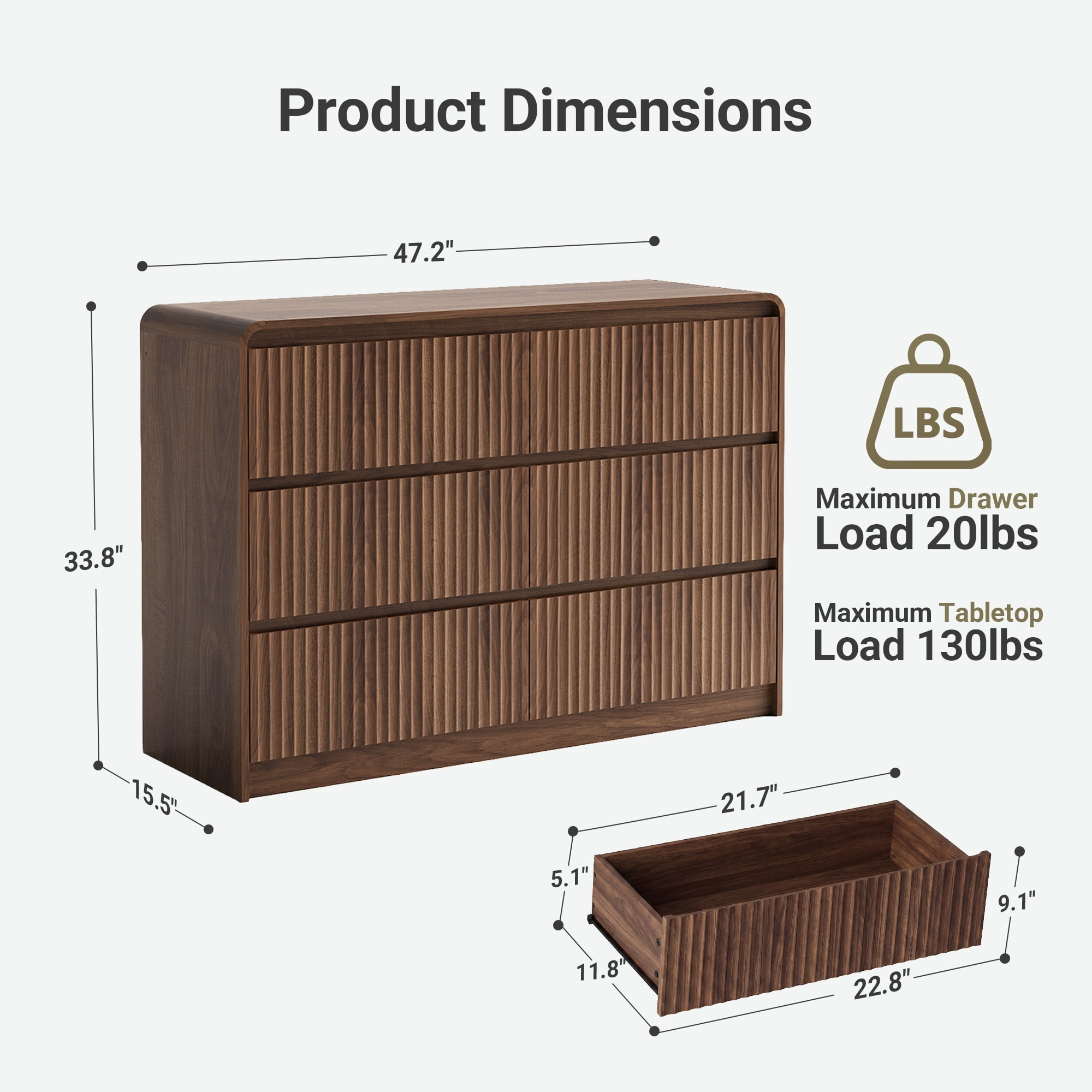 YDN Modern Fluted 6 Drawers Dressers for Bedroom - 47" Wooden Wide Storage Organizer Dresser, Curved Chest of Drawers with 6 Drawers & Anti-Tip for Closet Hallway, Entryway, Living Room,Walnut