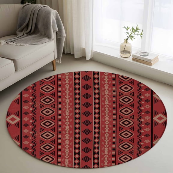 Round Rugs 3 Ft, Red Boho Non Slip Area Rugs for Kitchen Bedroom Entryway, Vintage Ethnic Tribe Abstract Art Washable Carpet Runner Rug Floor Mats for Bedroom Home Decor