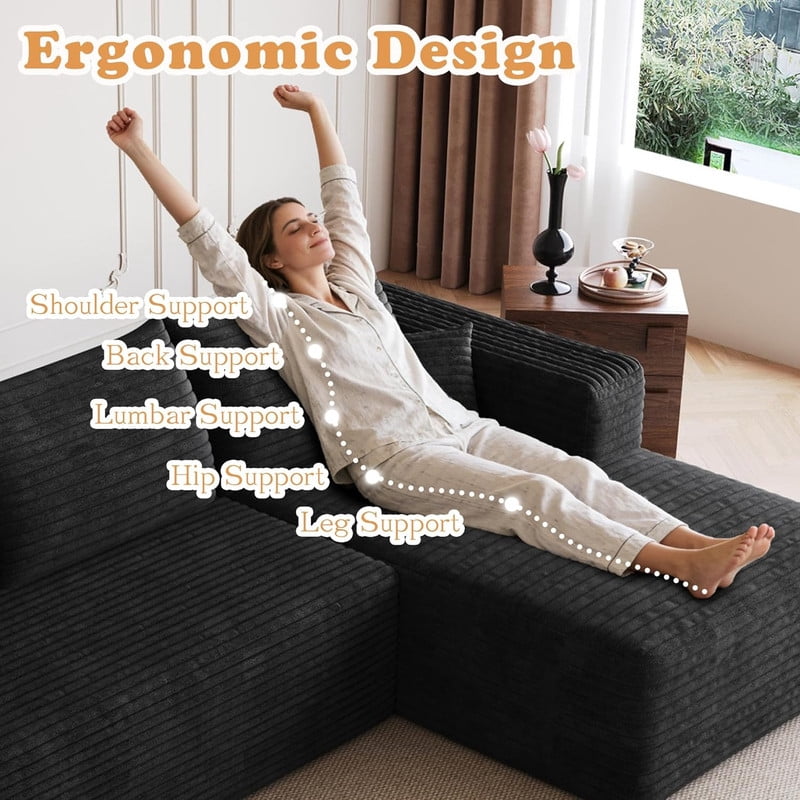 94'' Cloud Sectional Sofa with 2 Ottomans, Modular Upholstered Sofa Couch with Deep Seat, Plush Corduroy Fabric U Shaped Sofa for Living Room, Right Facing Chaise