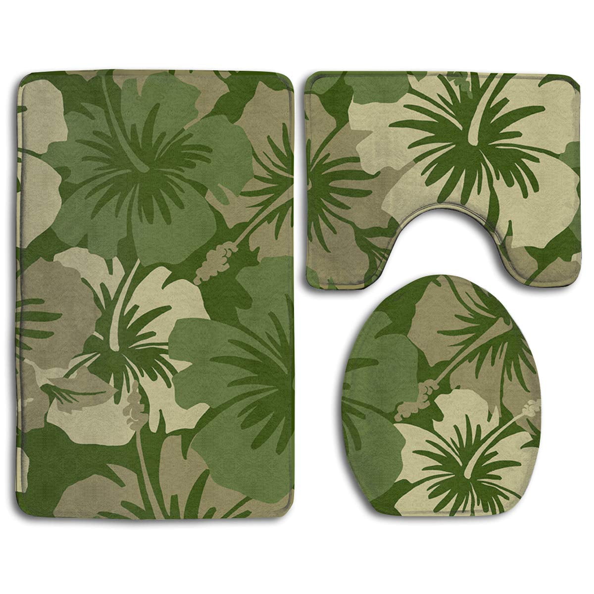 CHAPLLE Hawaiian Floral Olive Green 3 Piece Bathroom Rugs Set Bath Rug Contour Mat and Toilet