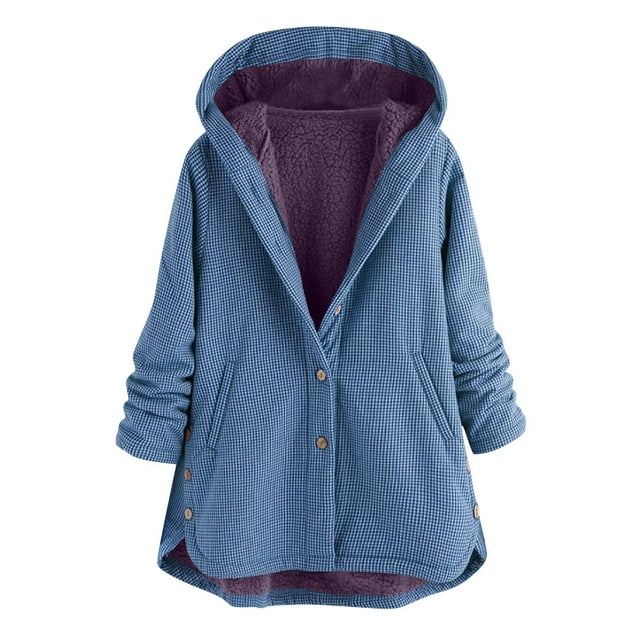Surchemise à Manches Longues Bleu Royal pour Adolescentes Hiver Automne Col Rond Velours Brunch à Carreaux Chaude à Capuche Tenues Mode 2025 Coupe Régulière S
