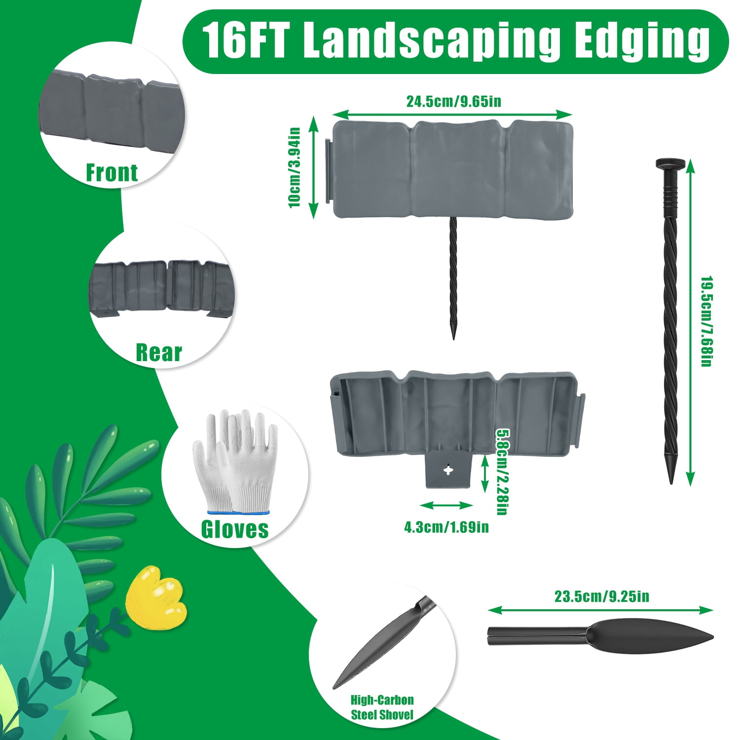 Imountek 16FT Flexible Non-Dig Plastic Landscape Border, 20Pcs Faux Cobbled Stone Garden Edging with Spikes, Shovel and Gloves