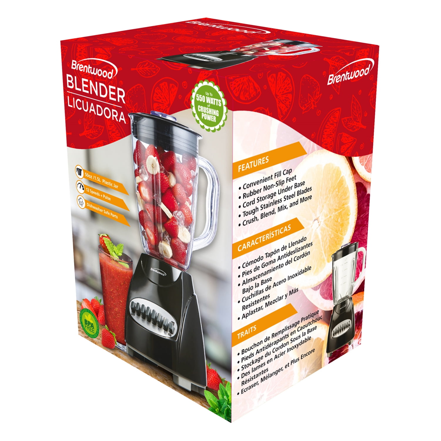 Brentwood 50-Oz. 12-Speed + Pulse 350-Watt Electric Blender, Black