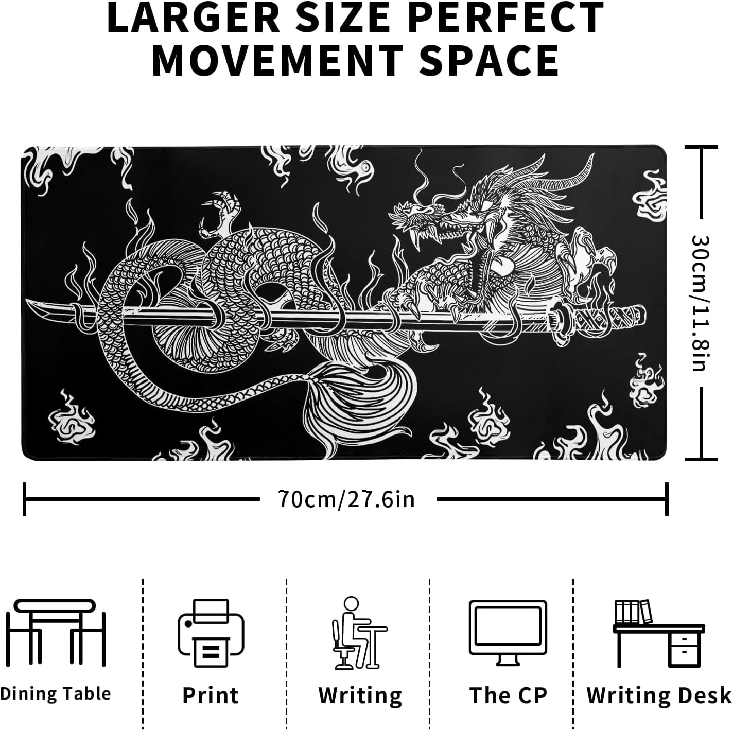 Dragon Gaming Mouse Pad Black Large Mouse Pad for Keyboard and Mousepad Desk Mat with 3mm Non-Slip Base and Stitched Edge for Gaming and Office Computer Mat Protector Mat 27.6x11.8 Inch