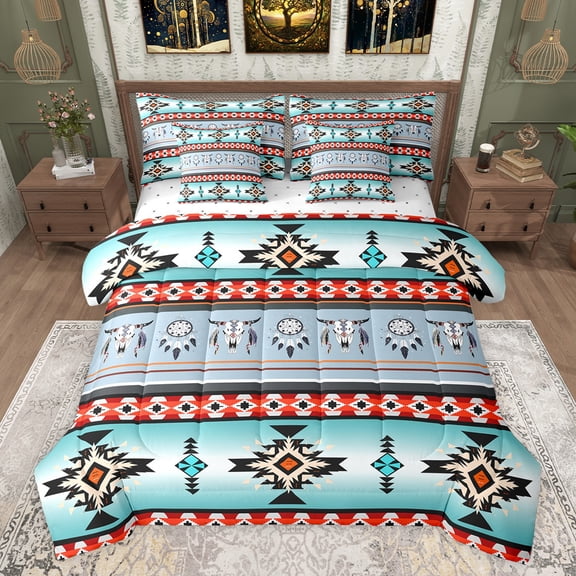 jejeloiu Retro Bull Skull 7-Piece Twin Bedding Sets,Boho Exotic Style Bedding Comforter Set,Rustic Aztec Triangle Sheet Sets For Adults,Super Cozy Room Decor Reversible