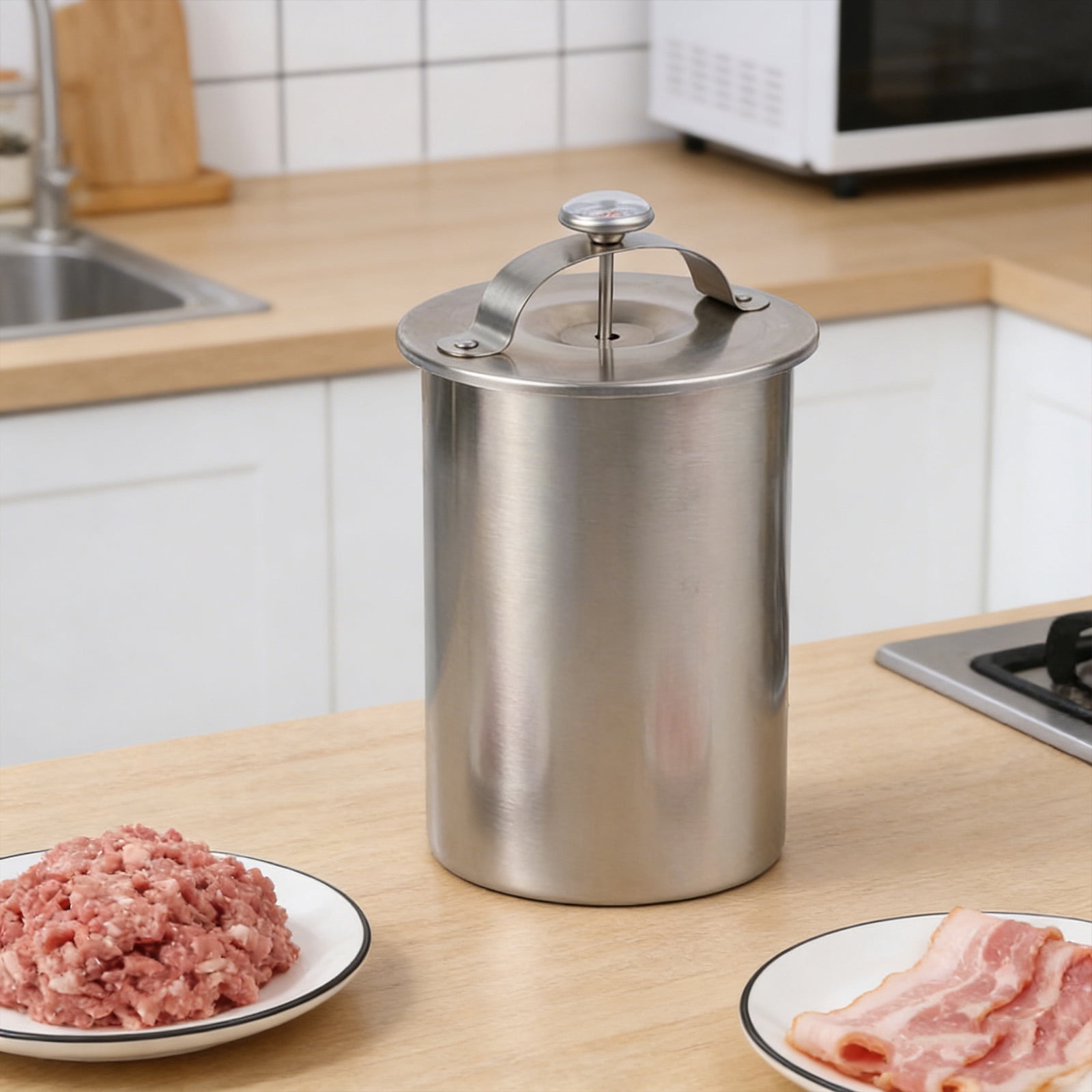 304 Stainless Steel Meat Press Cooker with Thermometer, Homemade Ham Maker for Kitchen Cooking, Bacon Pressure Cooker, 3.9x6.5in Meat Poultry Tenderizer, Stove Compatible