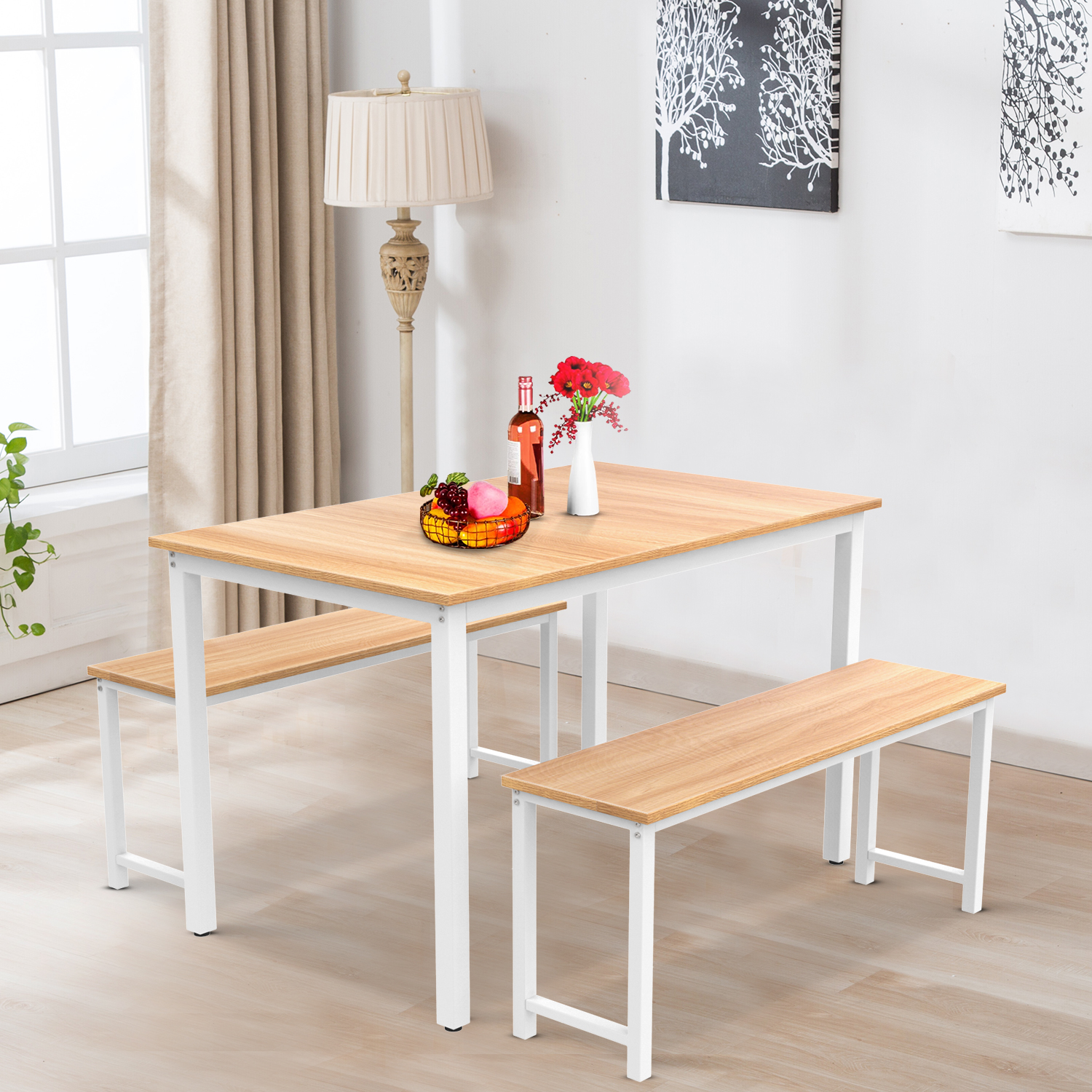 SYNGAR 3 Piece Dining Table Set, Modern Kitchen Table and Bench for 6