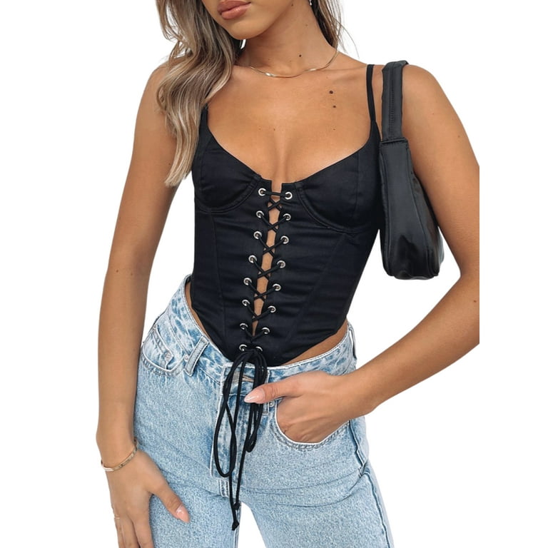 I Saw It First Woven Lace Up Bandeau Corset Top