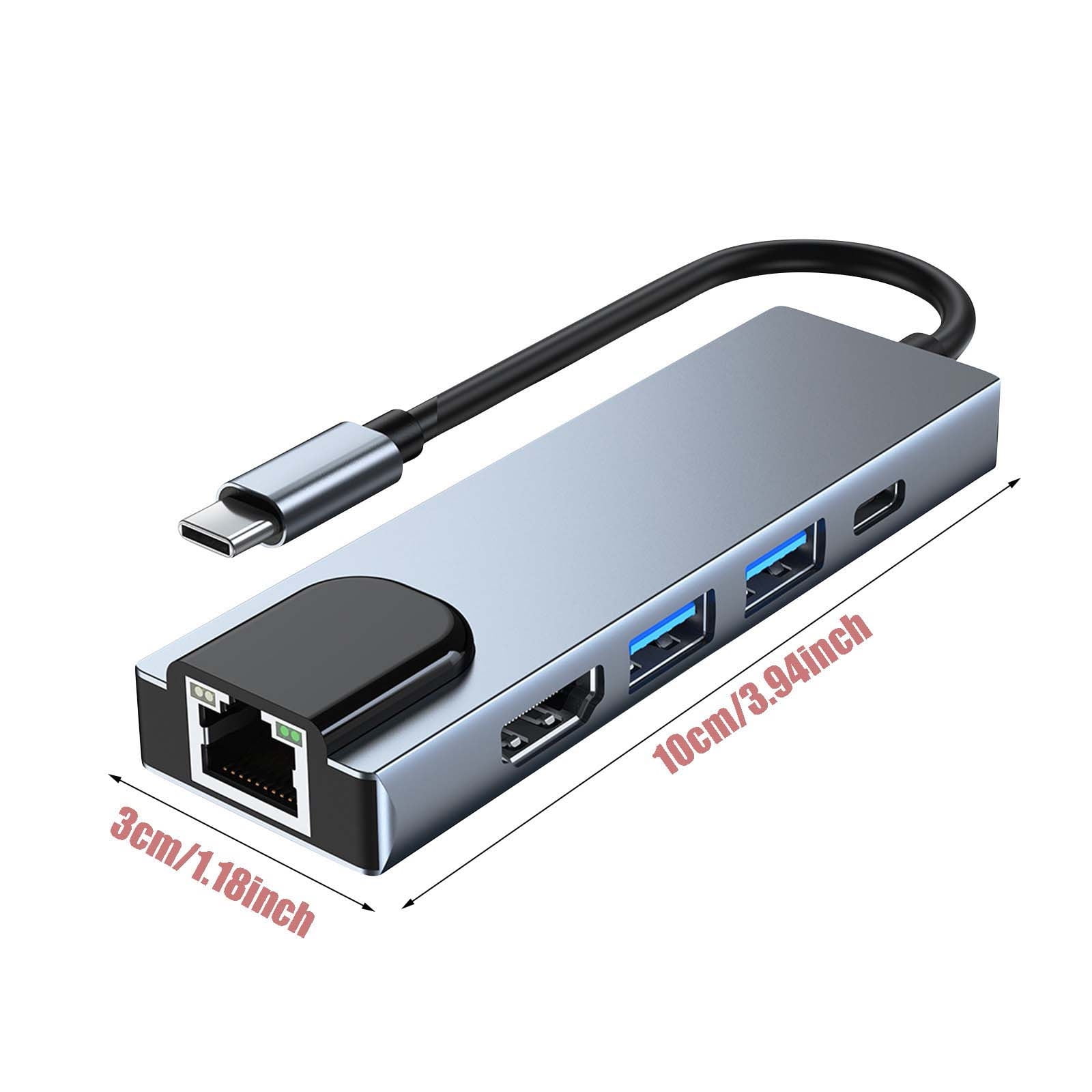 5 in 1 Type C Network Hub Adapter, USB C to HDMI USB 3.0 USB 2.0 RJ45 Ethernet PD Charging, Aluminum Alloy for Laptop