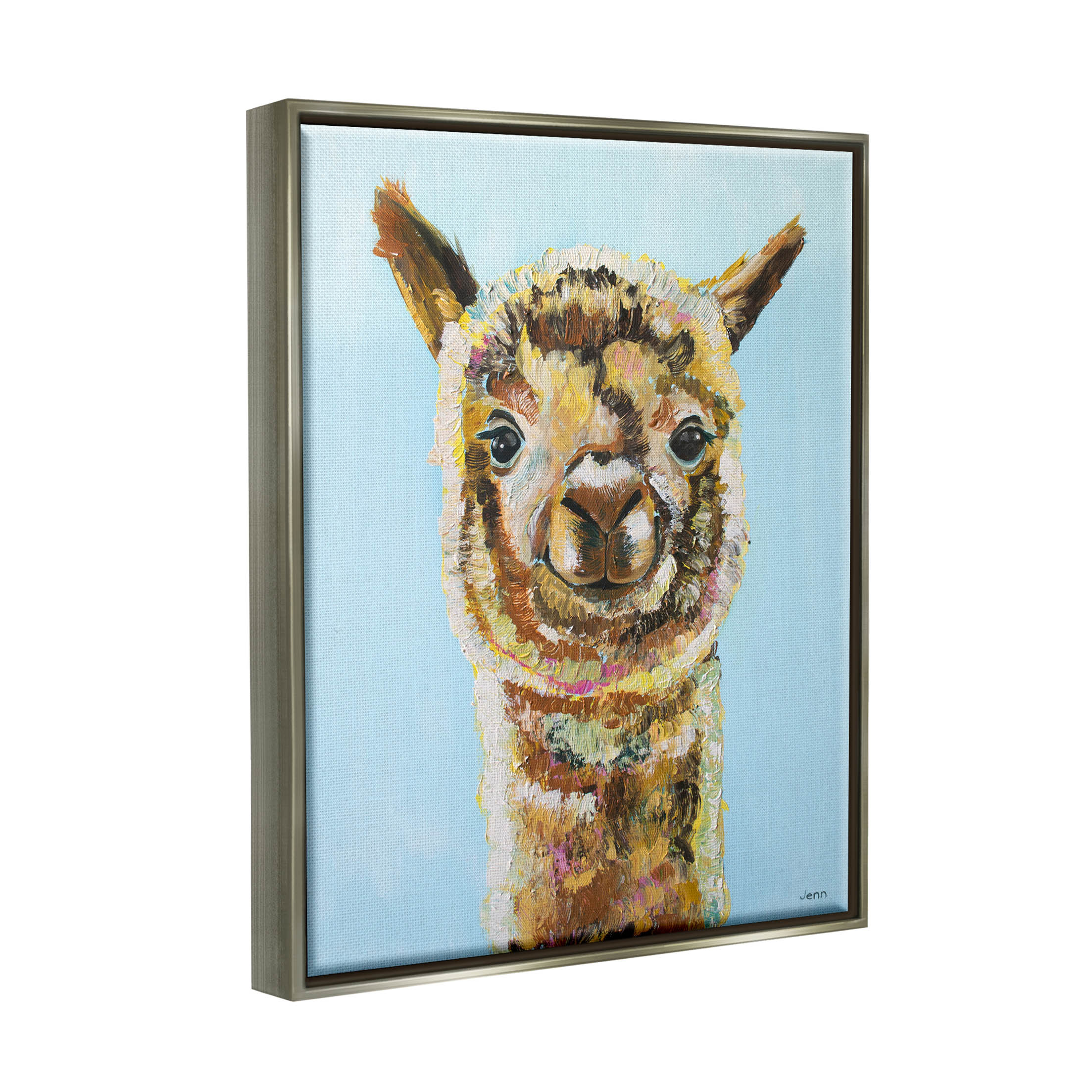 Happy Llama Farm Animal Face Animals & Insects Painting Luster Gray Framed Art Print Wall Art