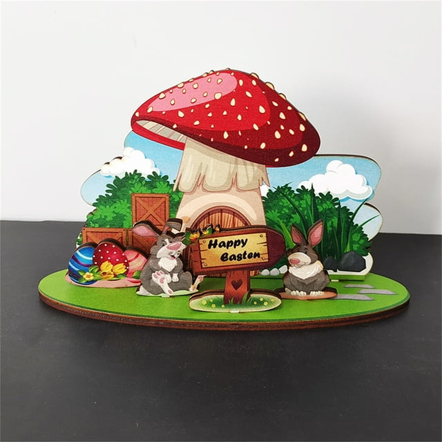 Easter Rabbit Bunny Desktop Decoration Ornament Wooden Painting Bunny Easter Holiday Table Decoration