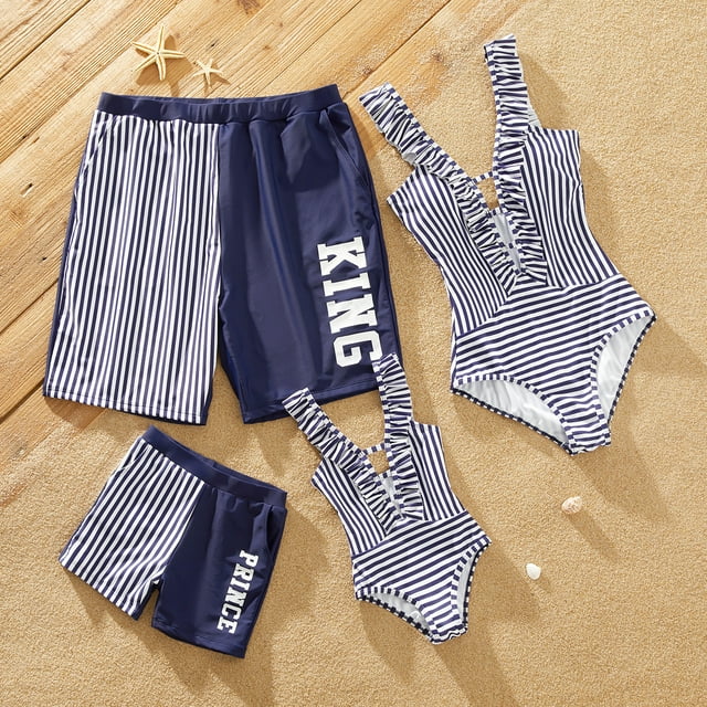 PatPat Family Matching Letter Splicing Striped Trunks Shorts and Ruffle Swimsuit,Sizes Baby/Boy/Girl/Adult,One Piece
