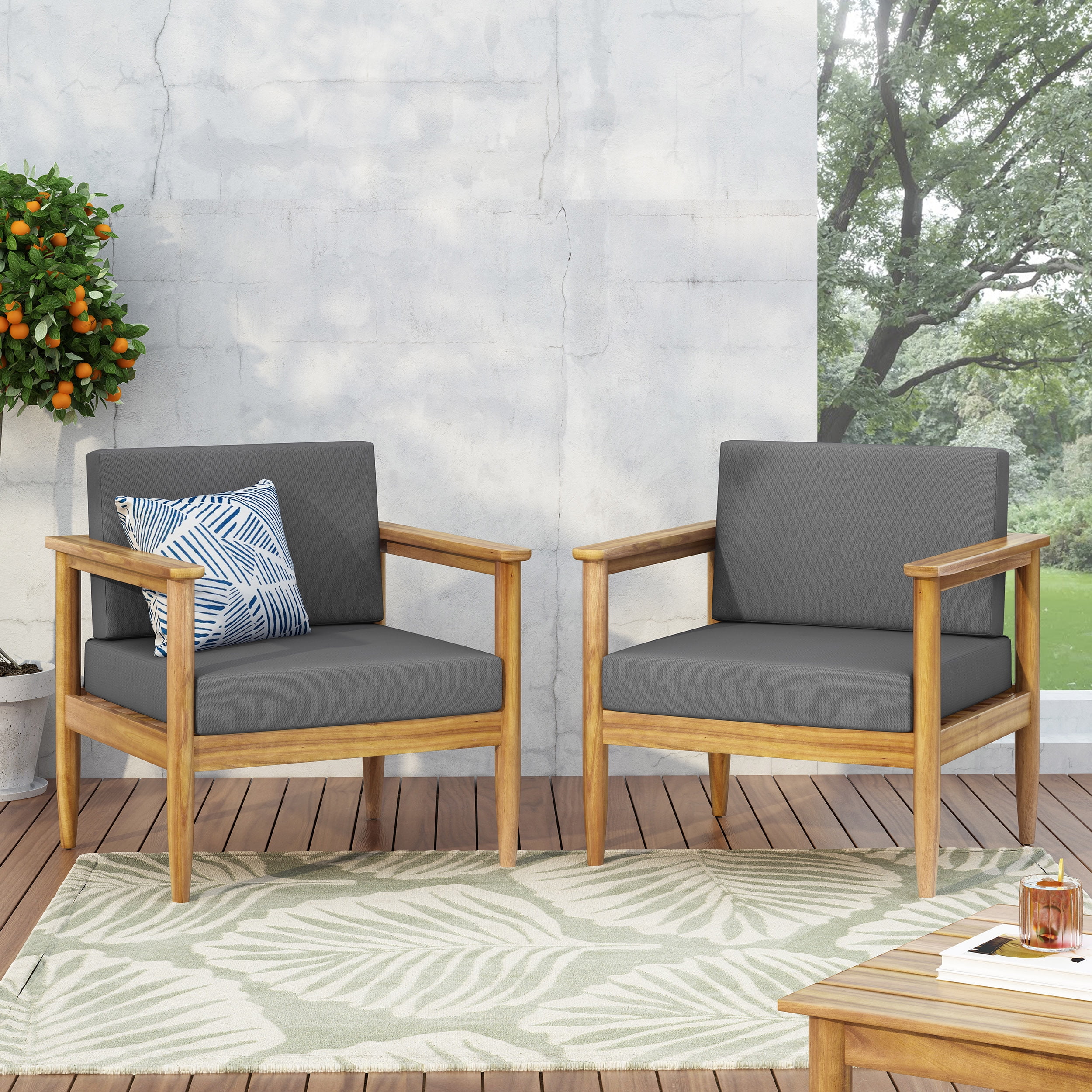 Ottawa Outdoor Acacia Wood Club Chair, Set of 2, Dark Grey, Natural
