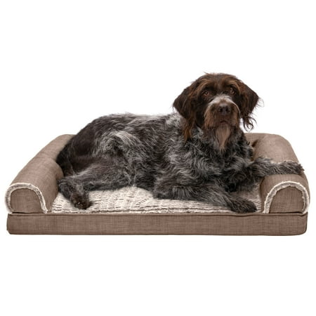 UPC: 0842229130829 | FurHaven Pet Products | Full Support Orthopedic Luxe Fur & Performance Linen Sofa Pet Bed for Dogs & Cats – Woodsmoke Large