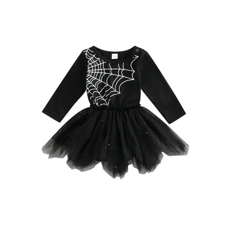 

Newborn Baby Girls Halloween Mesh Romper Dress Casual Spider Web Printed Long Sleeves Tutu Tulle Dress
