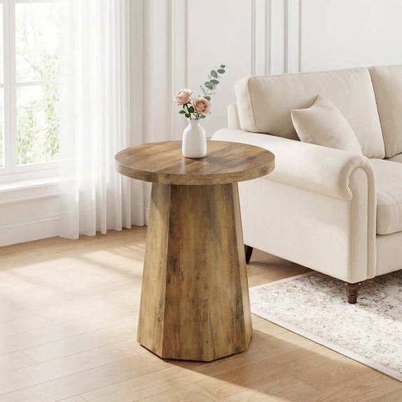 19.69" Round End Table Wooden Couch Side Table Octagonal Base Rustic Farmhouse Style Rustic Brown For Living Room Bedroom Reading Nook