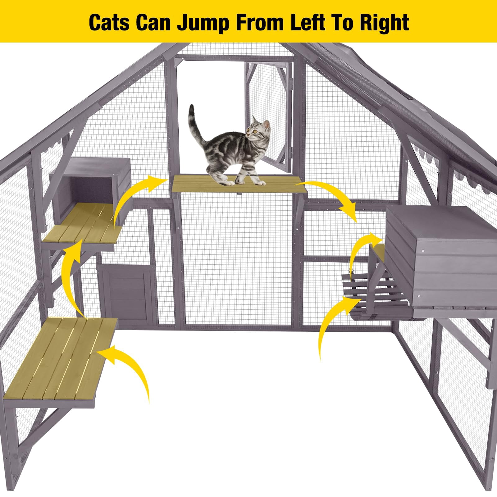Large Outdoor Cat Enclosure with Bridges, Walks, Houses, Roof Cover 28.27 ft² Play Area for Cats, Grey