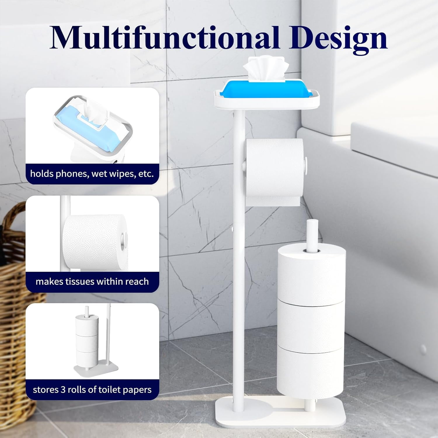 4-Roll Free-Standing Toilet Paper Holder - Rustproof Metal Stand with Anti-Slip Base & Phone Shelf, Black Bathroom Storage Organizer