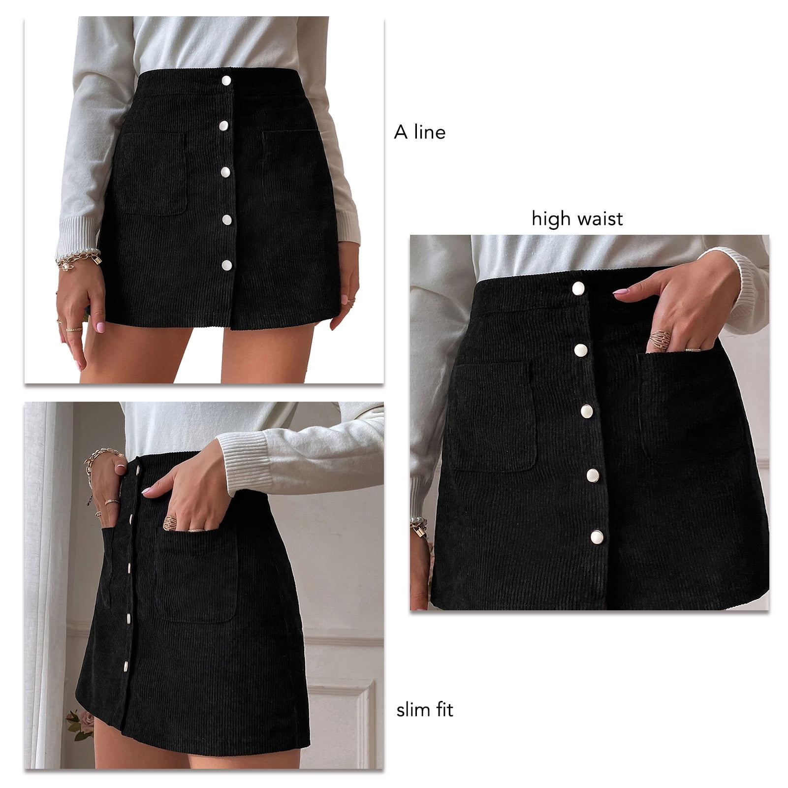 Corduroy Mini Skirt High Wasit Mini Skirt Women Corduroy Mini Short Skirt A Line High Waist Slim Fit Button With Pockets For Fall Winter Black M Walmart