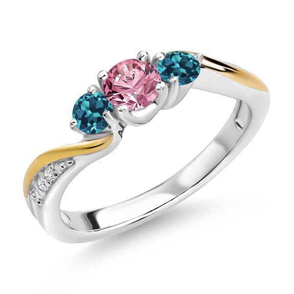 Gem Stone King 925 Silver and 10K Yellow Gold Pink and White Lab Grown Diamond London Blue Topaz 3 Stone Engagement Ring for Women (0.54 Cttw, April Birthstone, Size 7)