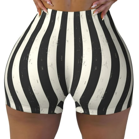 Workout Shorts Women  Black And White Thick Stripes Biker Shorts for Women Running Gym Spandex Shorts Tummy Control
