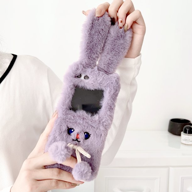 Cute Rabbit Purple White Plush Mobile Phone Case, Suitable For Samsung Galaxy Z Flip4, Flip3 5G And Flip 5 Case Autumn And Winter