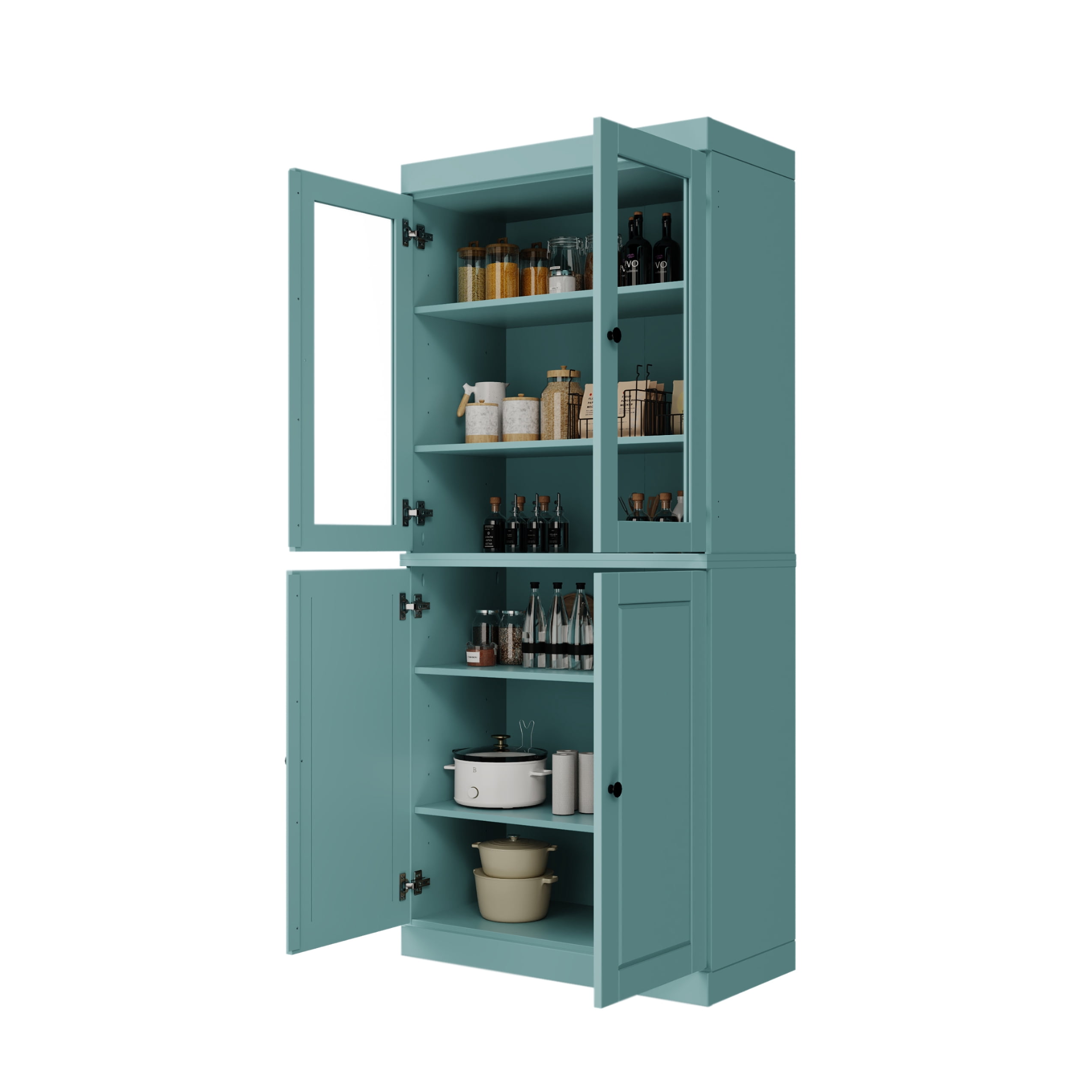Palace Imports 100% Solid Wood Kitchen Pantry Storage Cabinet with Glass & Raised Panel Doors and Adjustable Shelves, 4-Door, Aqua Blue