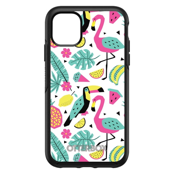 DistinctInk OtterBox Symmetry Custom Case for Apple iPhone 15 (6.1" Screen) - Flamingo Toucan Pineapple - Slim Profile Design