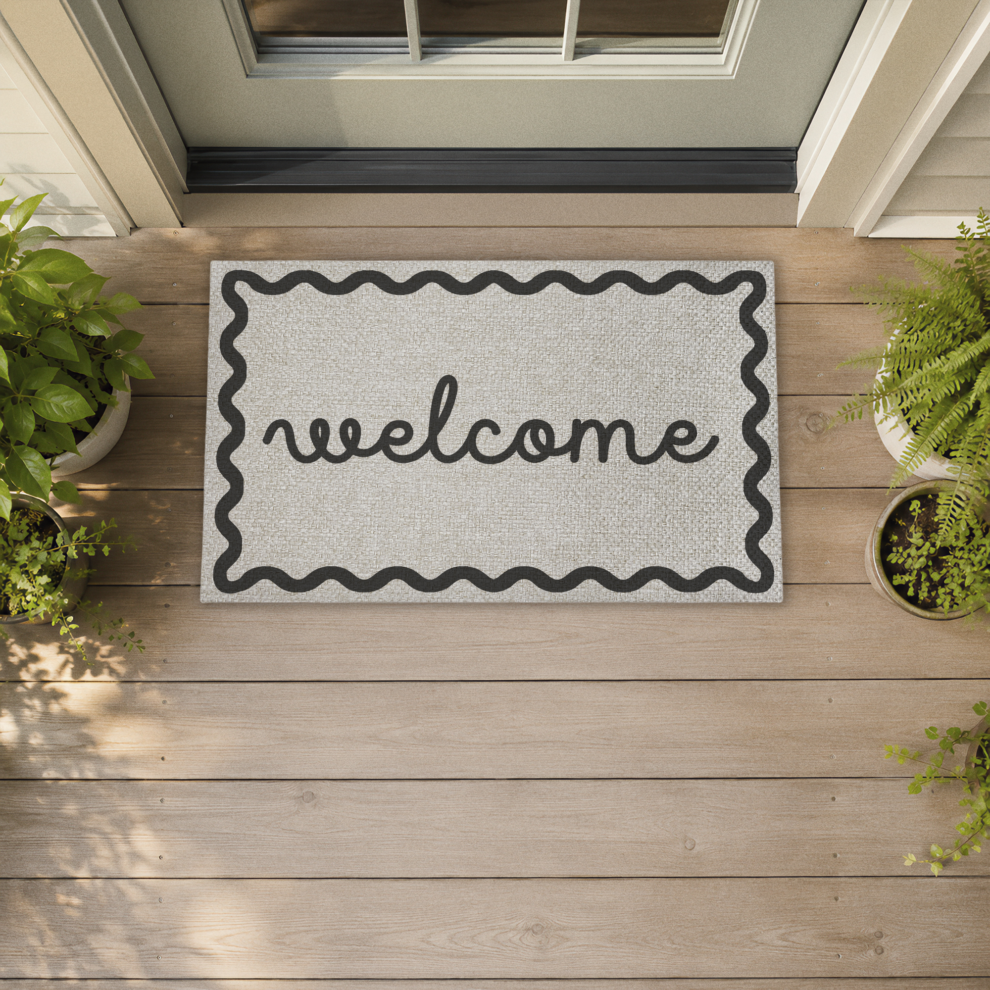 Stupell Industries Black & White Wavy Welcome Printed Outdoor Imitation Sisal Floor Mat, design by Lil' Rue