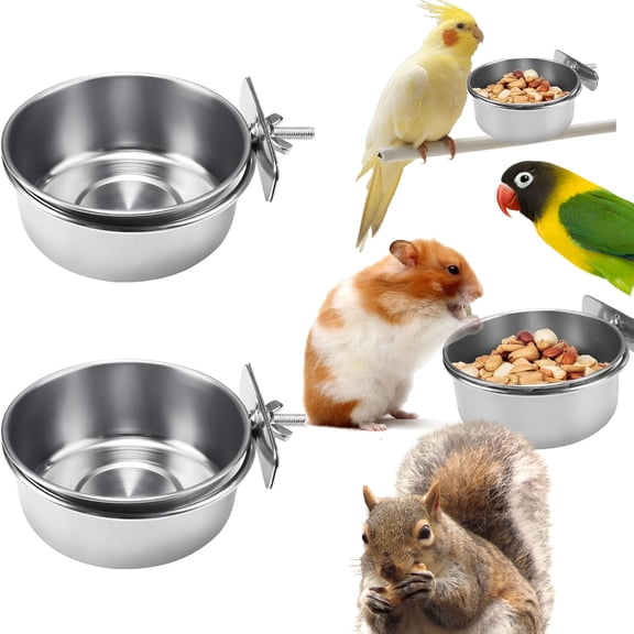 ACDANC 2 Pack Stainless Steel Bird Food Bowls with Clamp Rust Proof Metal Feeding Cups for Parrot Cage,Easy Clean Water Dish for Cockatiel Conure Budgie Parakeet Small Animal(3.9 Inch,Silver)
