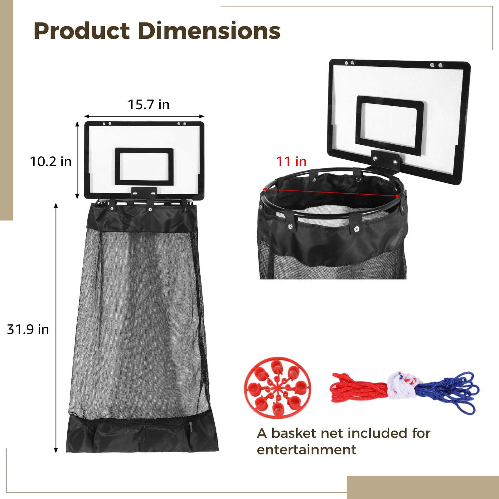 Over the Door Basketball Laundry Hamper, Hanging Laundry Basket with Basketball Hoop & Zipper, Black Net Laundry Bag for Door Hanging, Removable Mesh Bag, Fun and Space-Saving for Families