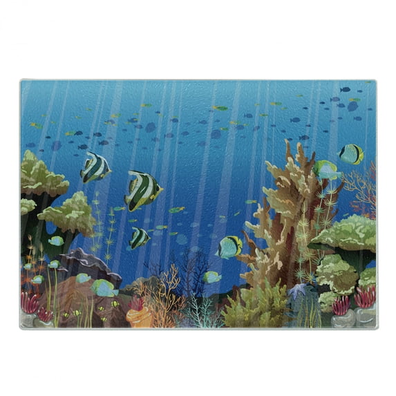 Marine Cutting Board, Majestic Universe Deep Underwater World Exotic Coral Reef with Sea Creatures Nature, Decorative Tempered Glass Cutting and Serving Board, Small Size, Multicolor, by Ambesonne
