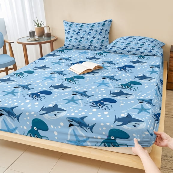 Queen Size Fitted Sheet Set - Blue Octopus Shark 3 Piece Bedding Sets 16" Deep Pocket Fitted Sheet with 2 Pillowcases, Coastal Summer Beach Ocean Starfish Brushed Microfiber Hotel Luxury Bed Sheets