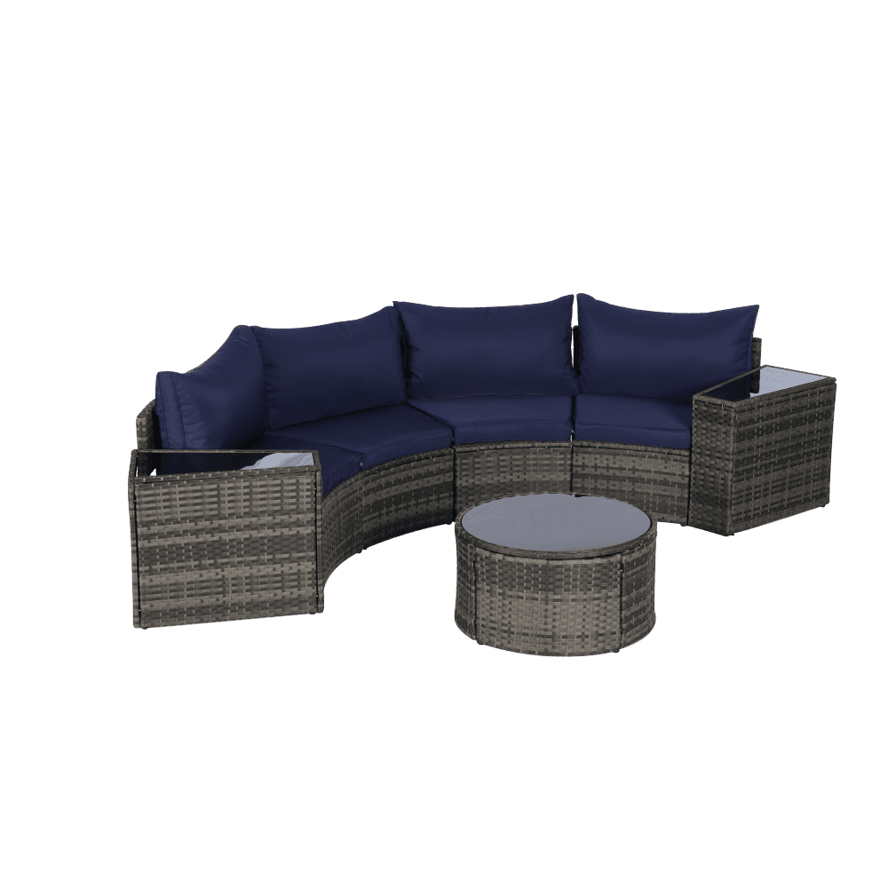 Modern 7 Pcs Outdoor Furniture Set (1 Coffee Table, 2 Side Table, 4 Curved Armless Sofa), Half-Moon Sectional Patio Furniture Set for Backyard, Poolside, 4 Available Color Cushion