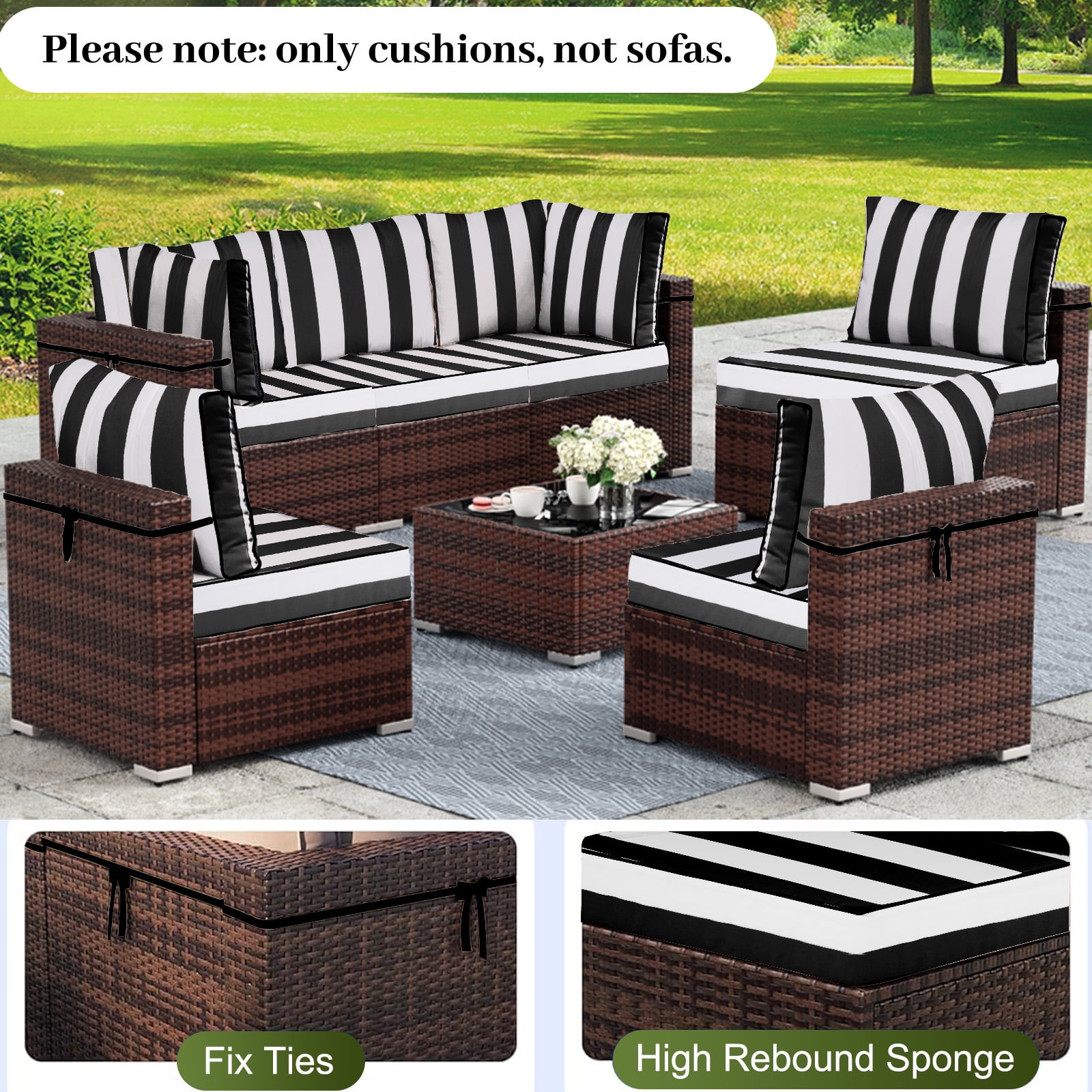 PUKNLY Outdoor Furniture Replacement Cushions, Fits 6-seat Sectional Rattan Conversation Set, 14 Piece Patio Water-Resistant Replacement Sofa Cushions, Liner&Cover（Black White Stripes）