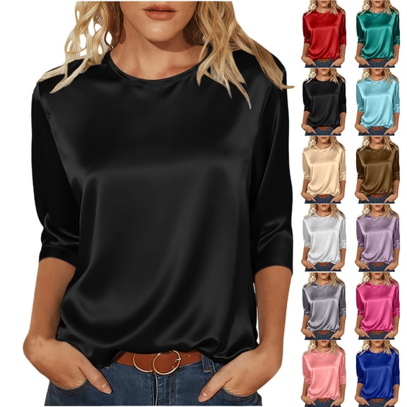 Women's Satin Round-Neck 3/4 Sleeve Loose Blouse, Women's Spring/Summer Satin Three-Quarter Sleeve Round-Neck Solid Color Pullover Top for Daily/Office/Weekend Outfits