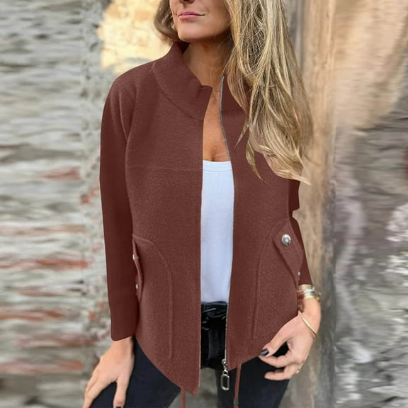 AUNVITO Women's Casual Solid Color Coat Zipper Front Color-Block Design Long Sleeve Polyester Jacket With Pockets Lightweight Outerwear No Hood