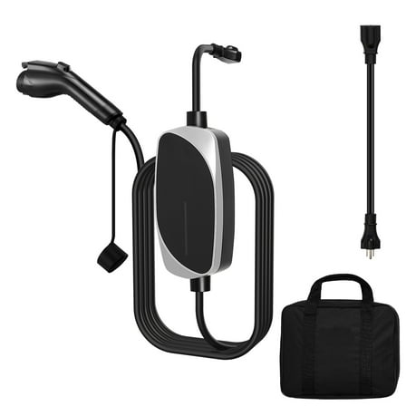 KFFKFF Level 1 & 2 EV Charger, 16 Amp Portable Electric Vehicle Charger with 25 ft Cable, 120V-240V, NEMA 6-20P Plug and NEMA 5-15 Adapter, LED Display