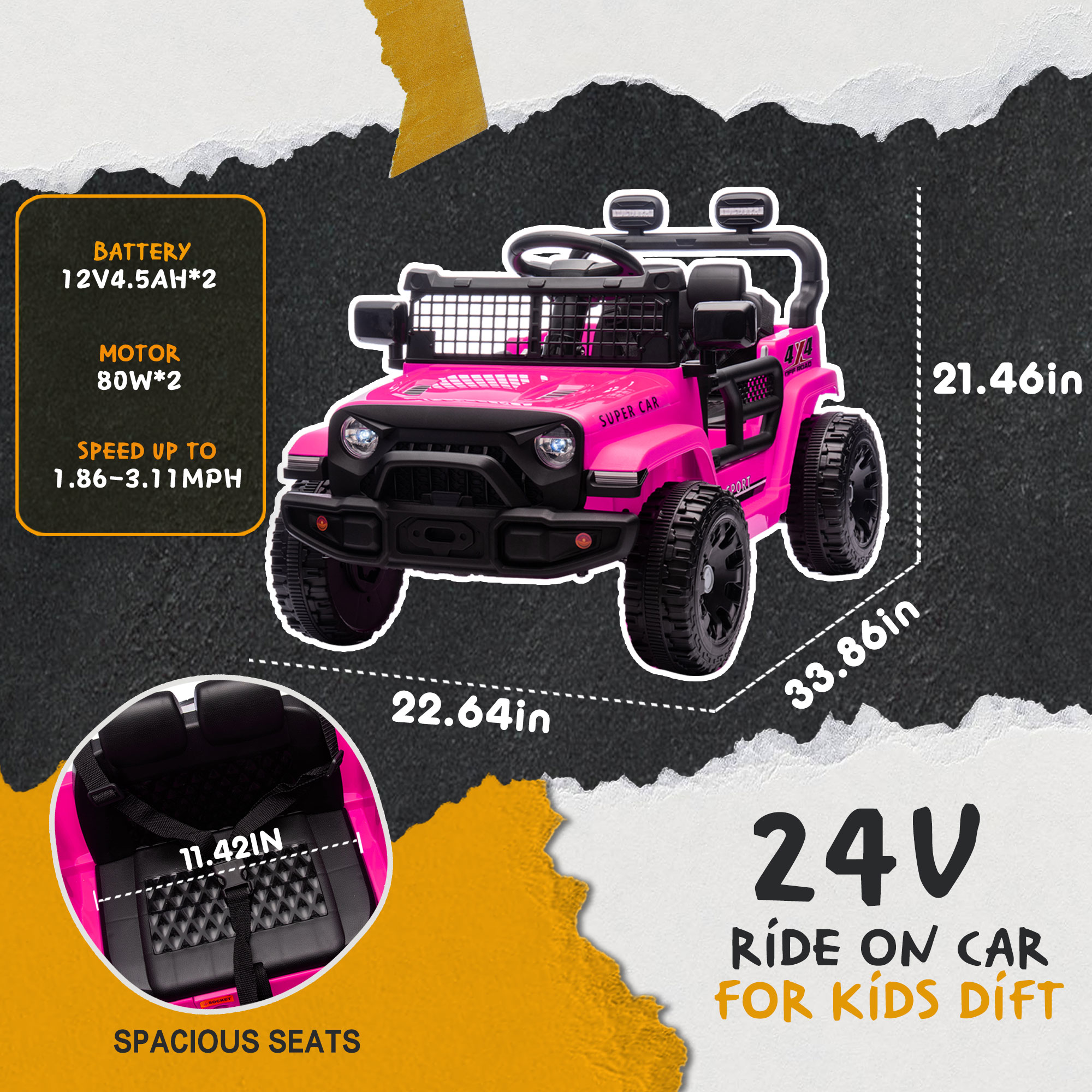 Okybaby 24V Kids Ride On Jeep Car with Remote Control,Four-wheel Suspension, Electric Kids Ride On Toy Car with Dual Motor,LED Light,USB,Bluetooth,MP3 for Kids of 3+, Pink