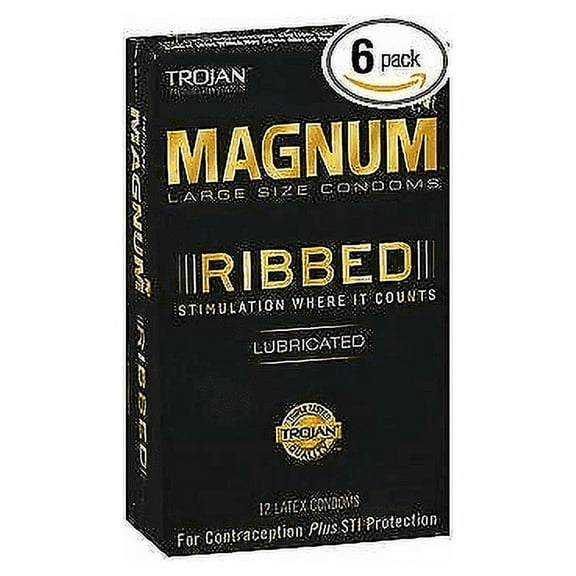 Trojan Magnum Large Size Condoms Ribbed Lubricated - 12 ct, Pack of 6
