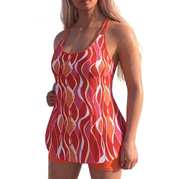 Hind Women's Tankini Swimsuit, Abstract Wavy Stripe Scoop Neck Longline Swimwear, Orange
