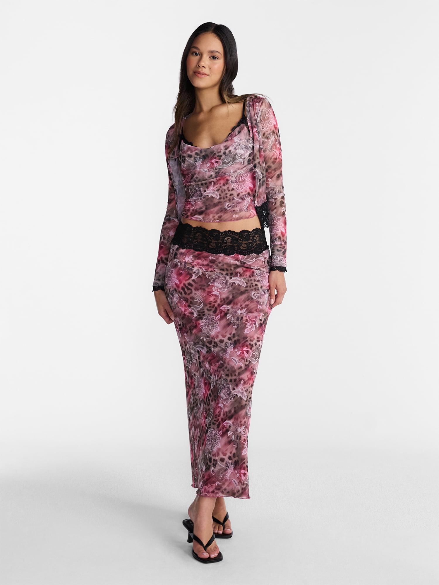 No Boundaries Cowl Neck Tank Top and Cardigan Set with Lace Trim, 2 Piece, Women’s XXS-XXL