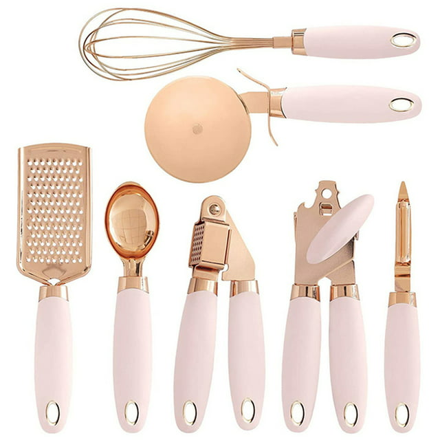7Pcs Kitchen Gadgets Set, Copper Coated Stainless Steel Utensils, Ice Scream Scoop Peeler Garlic Press Cheese Grater Whisk, Pink