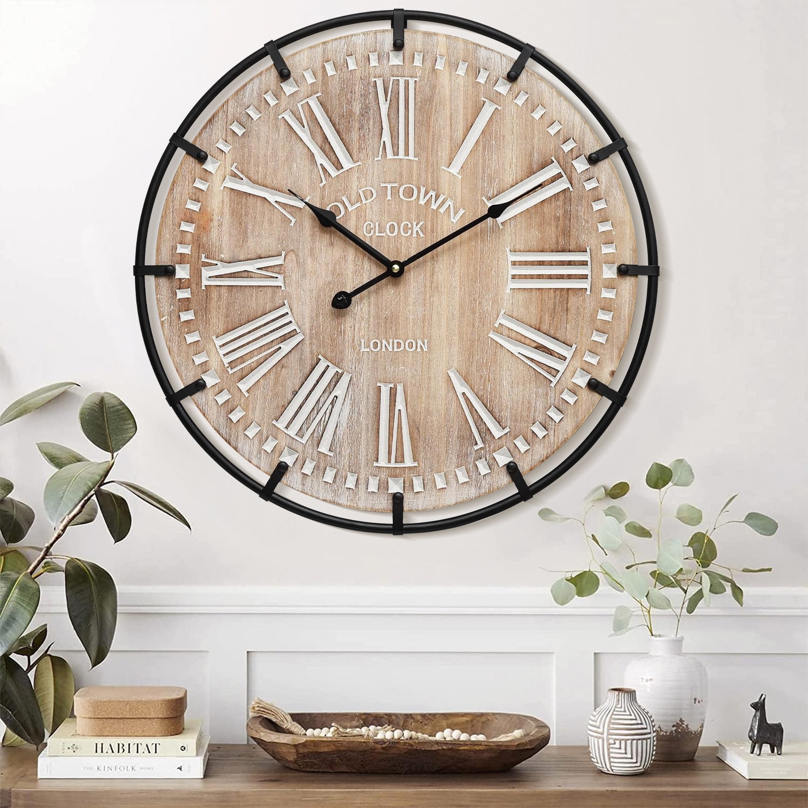 MODE HOME 24 inch Farmhouse Rustic Wall Clock, Silent Battery Operated with Metal Circle and Engraved Numerals